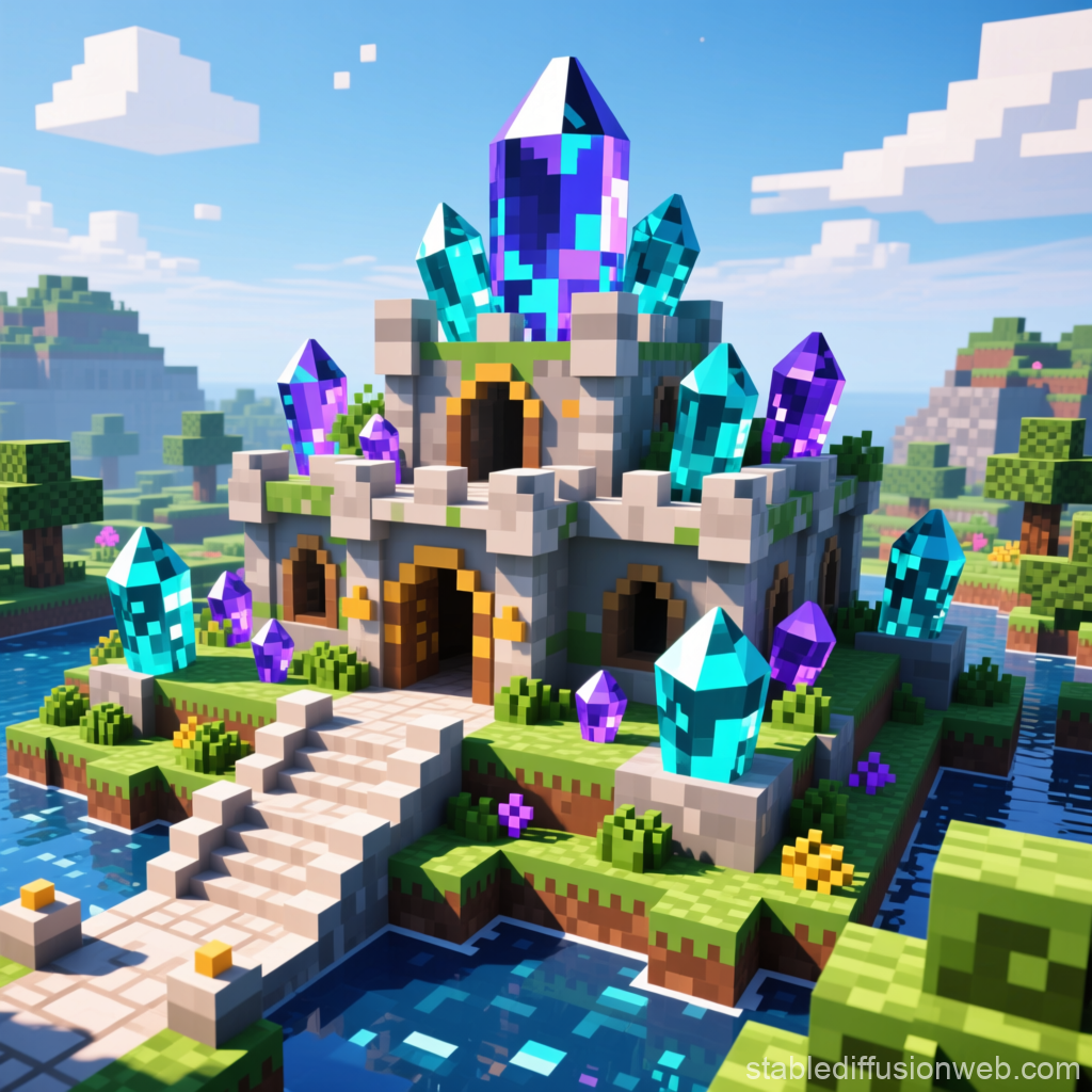 Minecraft Castle with Vibrant Crystals on Island