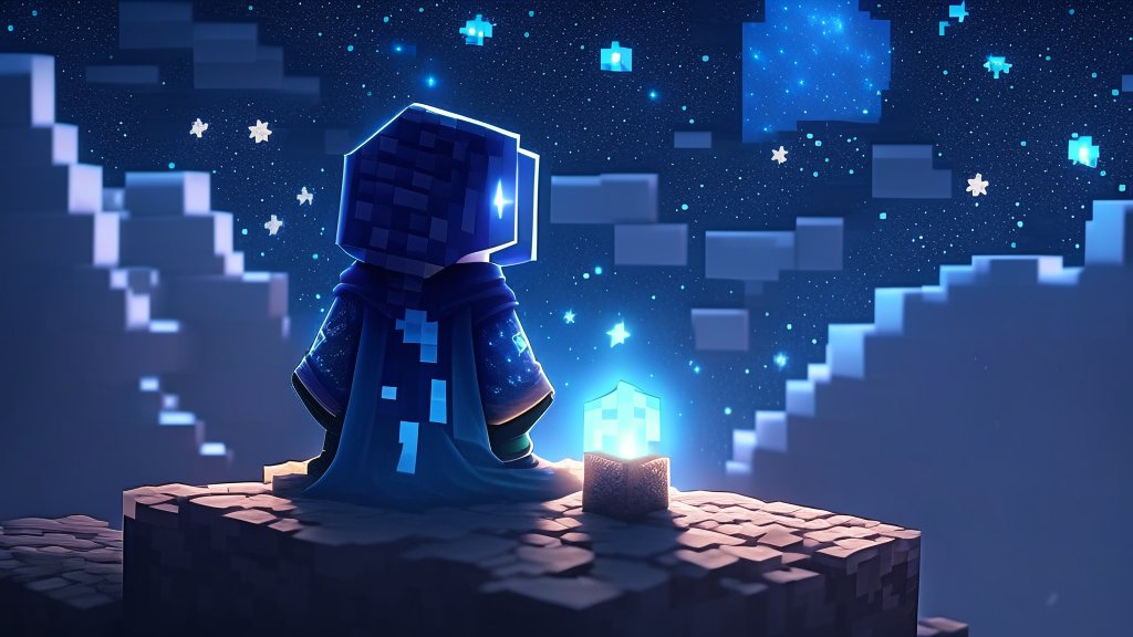Minecraft Character Gazing at a Starry Pixel Sky
