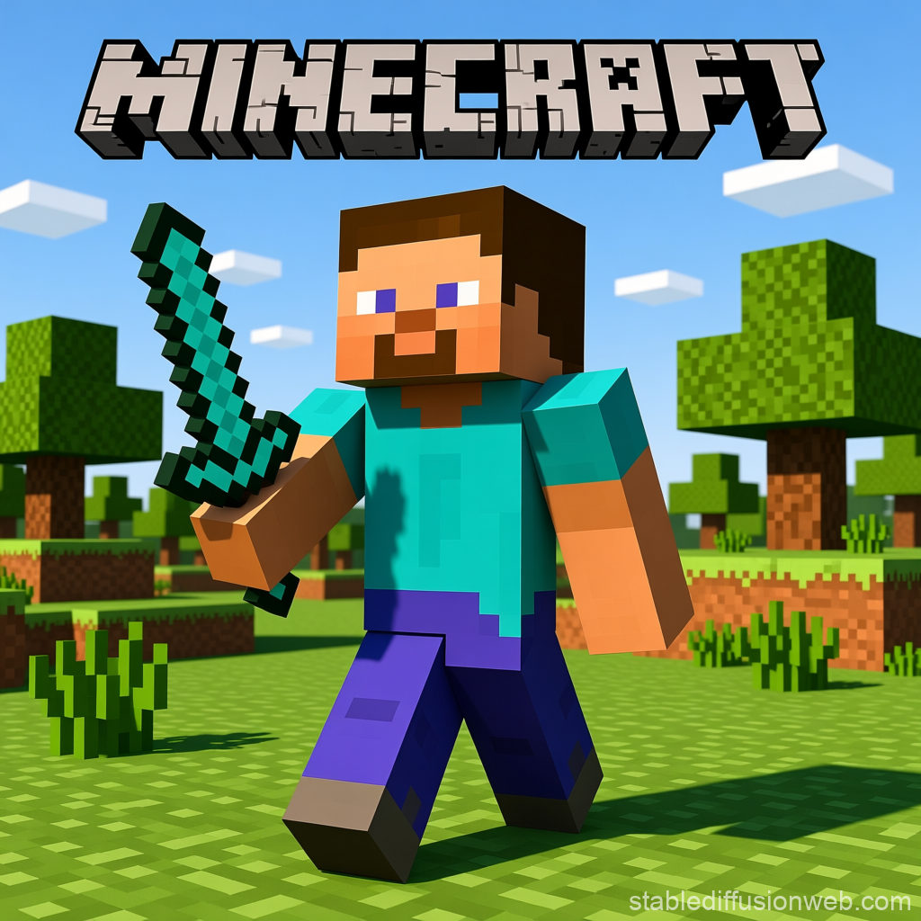 Minecraft Character Holding Diamond Sword in Blocky World