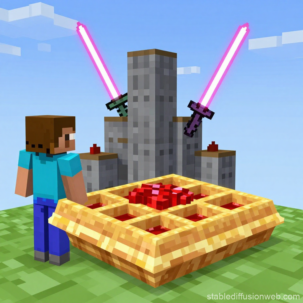 Minecraft Character with Giant Waffle and Neon Swords
