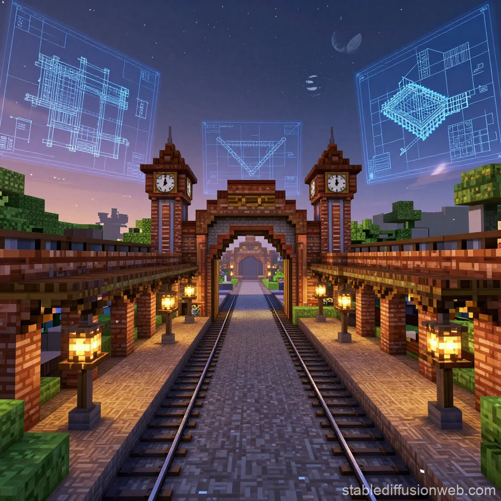 Minecraft Fantasy Train Station at Dusk with Blueprints