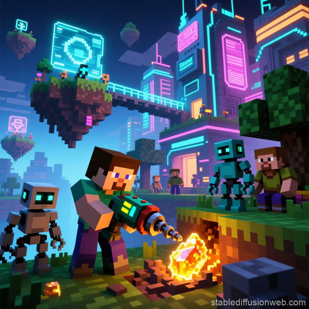 Minecraft Player Mining with Futuristic Drill in Cyberpunk World