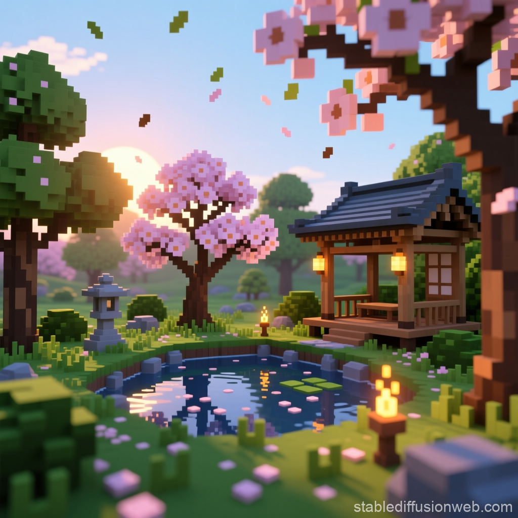 Minecraft Voxel Spring Garden with Cherry Blossoms