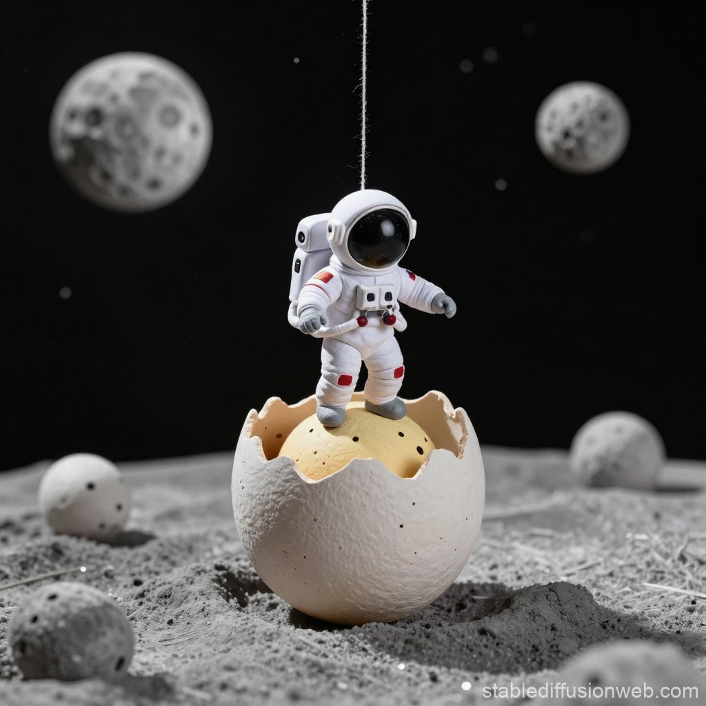 Mini Astronaut Emerging from Egg on Lunar Surface