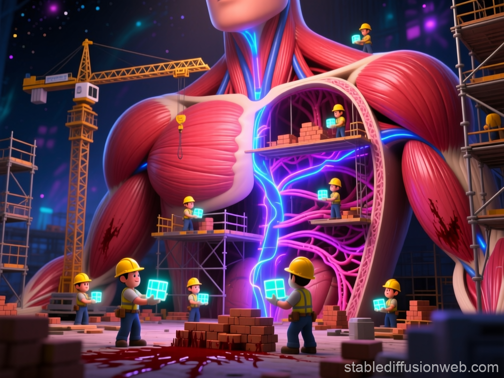 Mini Construction Workers Building Human Muscles and Veins