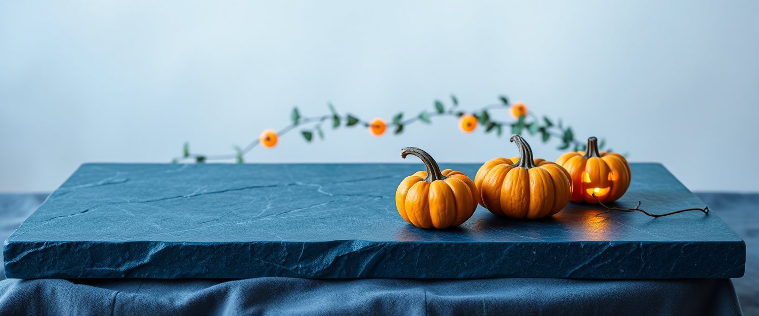 Mini Pumpkins on Blue Stone Tabletop with Soft Lighting