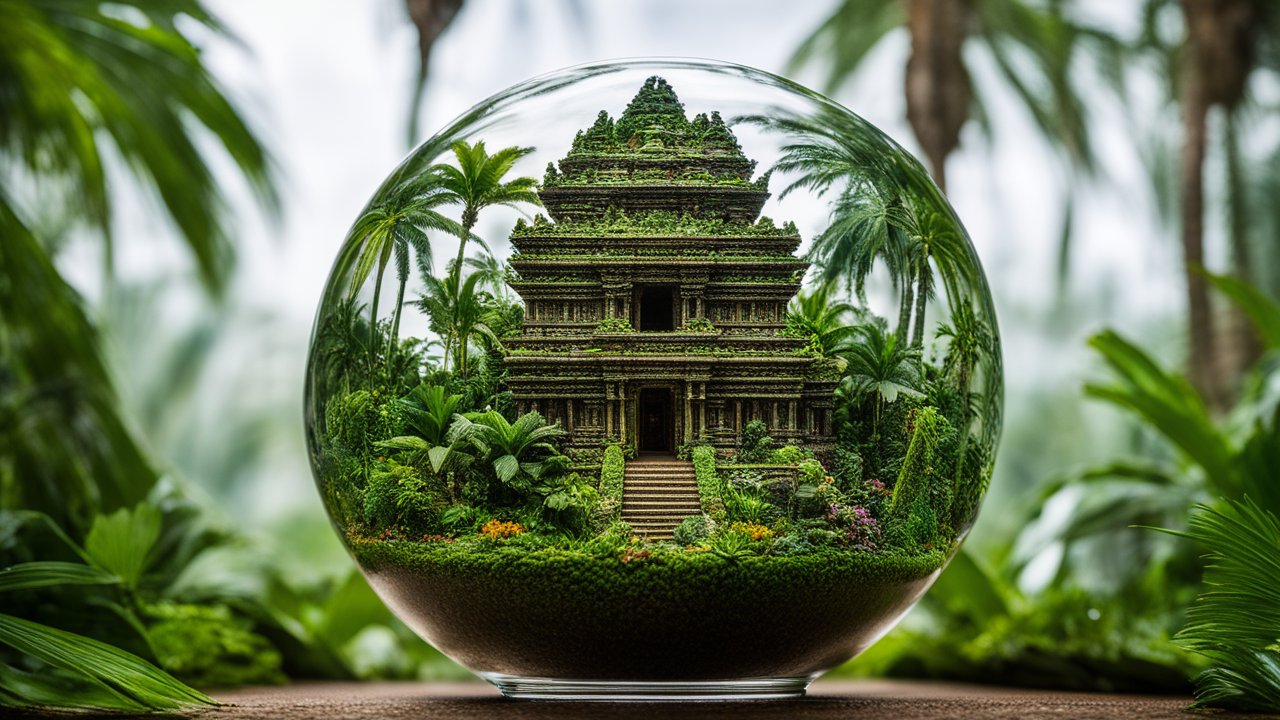 Miniature Aztec Temple Inside Glass Sphere