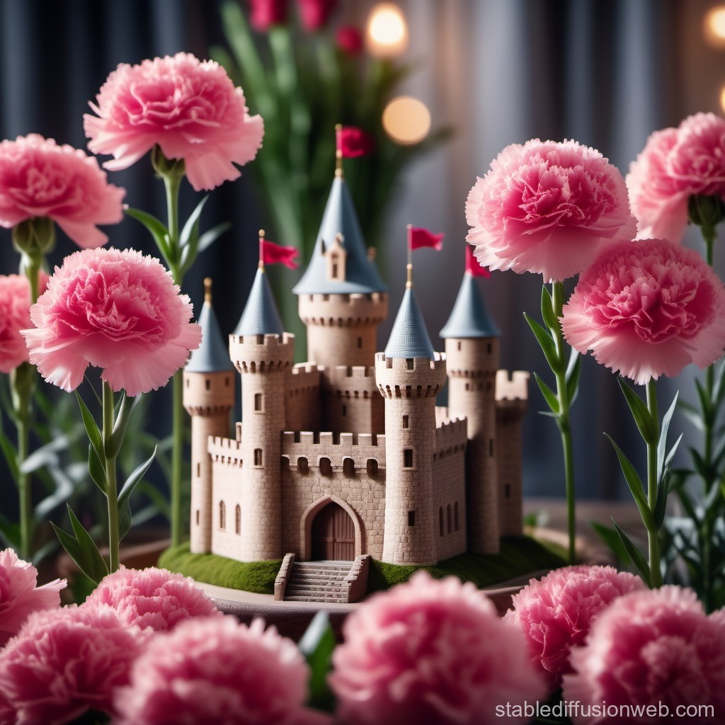 Miniature Castle Surrounded by Pink Carnations