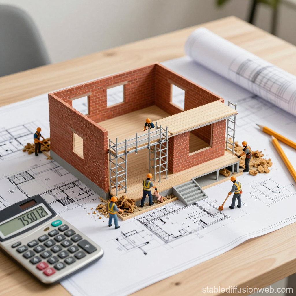 Miniature Construction Site Diorama on Architectural Plans