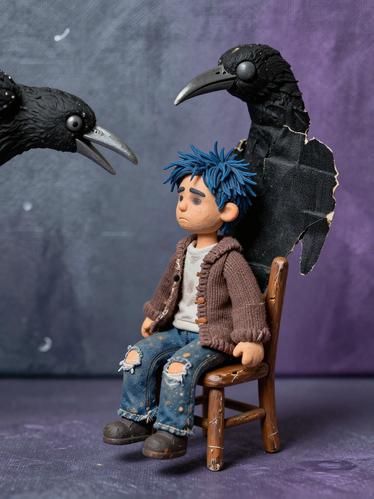 Miniature Figurine of Sad Boy with Crow Wings and Two Crows