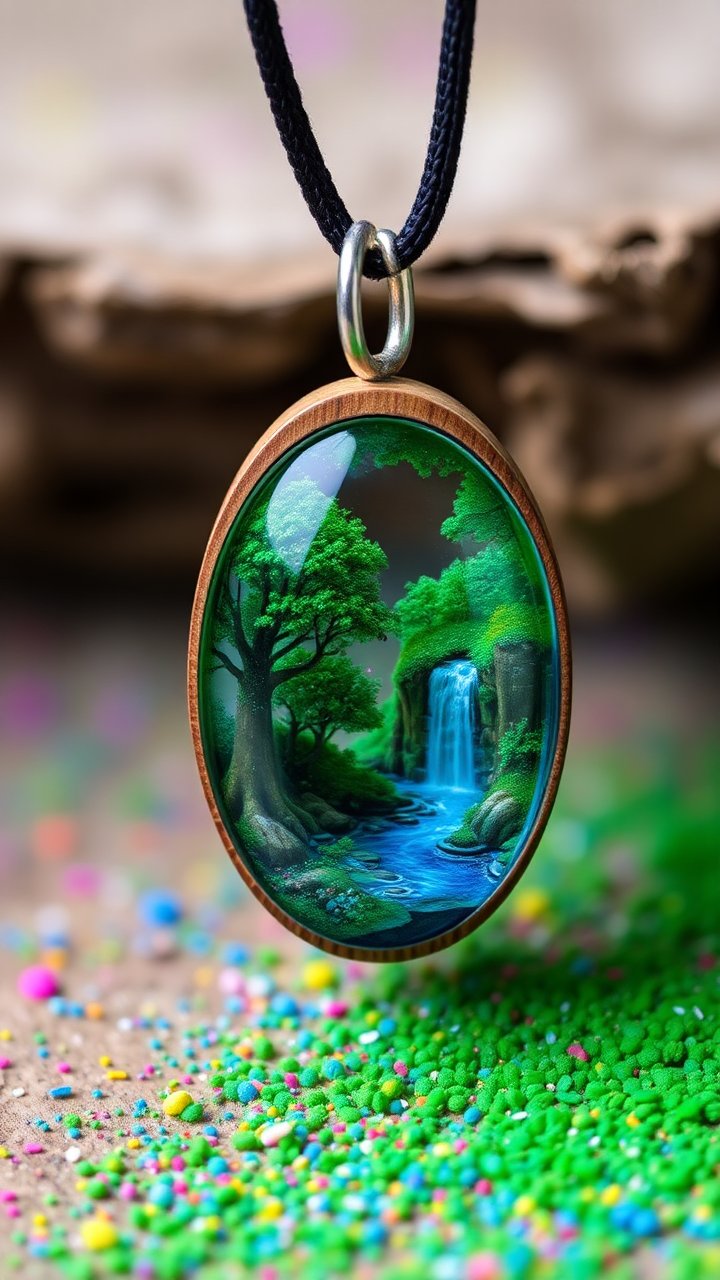 Miniature Landscape Pendant with Waterfall and Trees