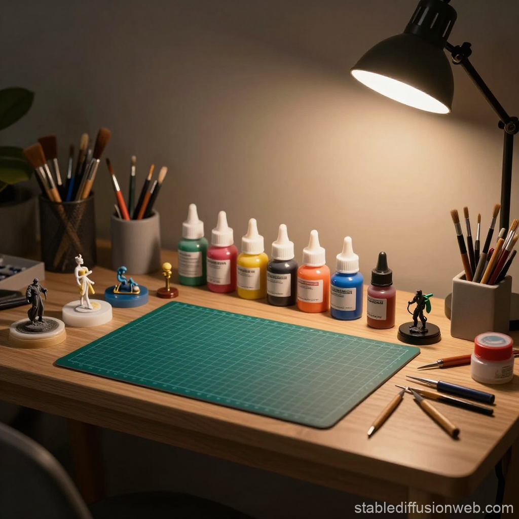 Miniature Painting Workbench with Tools and Paints