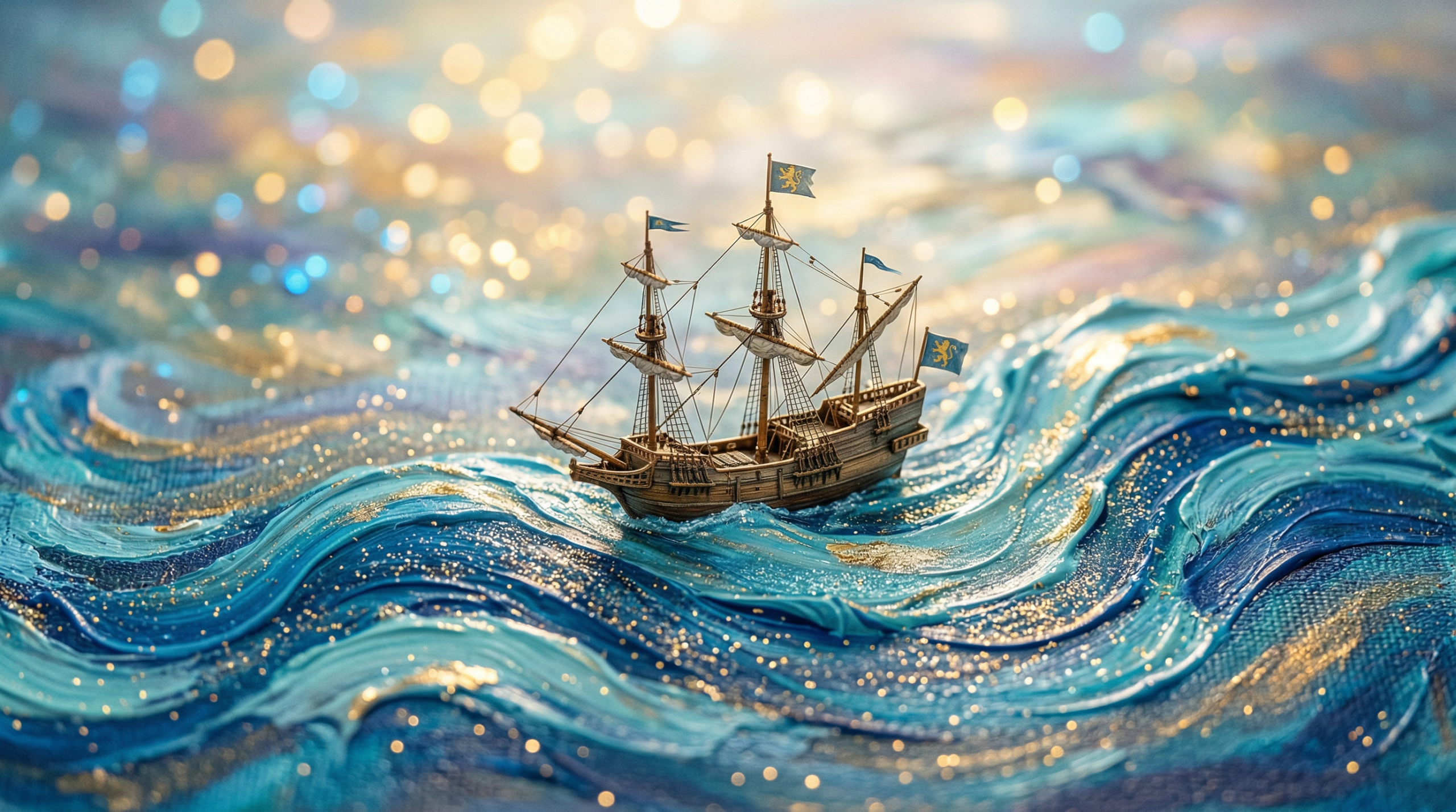 Miniature Ship Sailing on Abstract Painted Waves