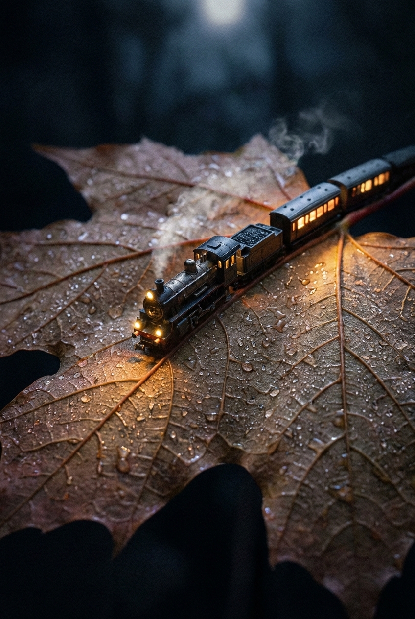 Miniature Steam Train on Dewy Autumn Leaf