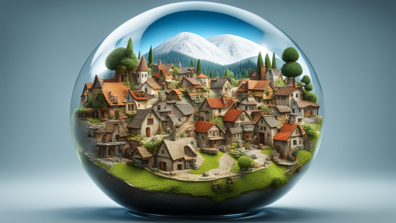 Miniature Village Encased in Glass Sphere with Mountain Backdrop