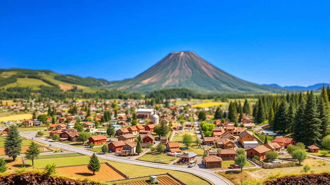 Miniature Village with Mountain Backdrop