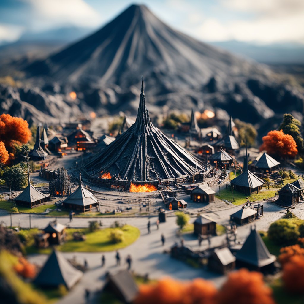Miniature Village with Volcanic Mount Doom Centerpiece