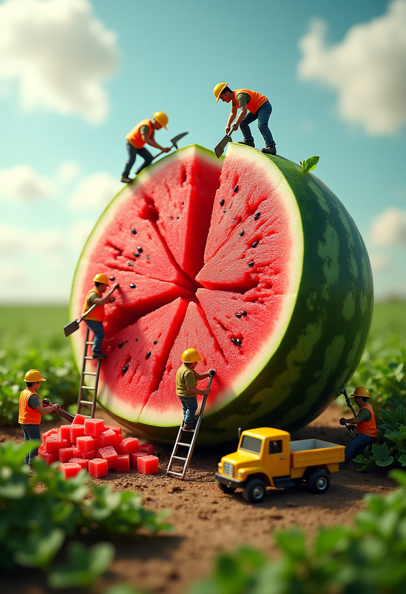Miniature Workers Harvesting Giant Watermelon