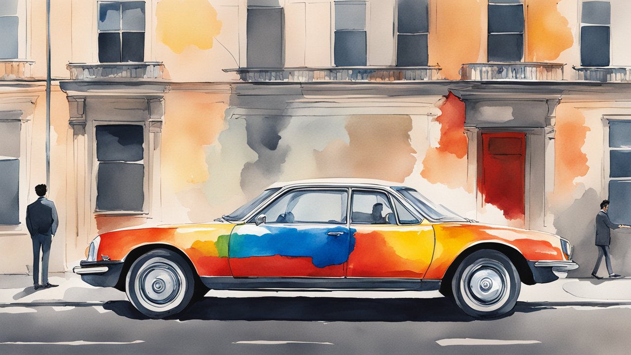 Minimal Watercolor Painting of Colorful Classic Car on City Street