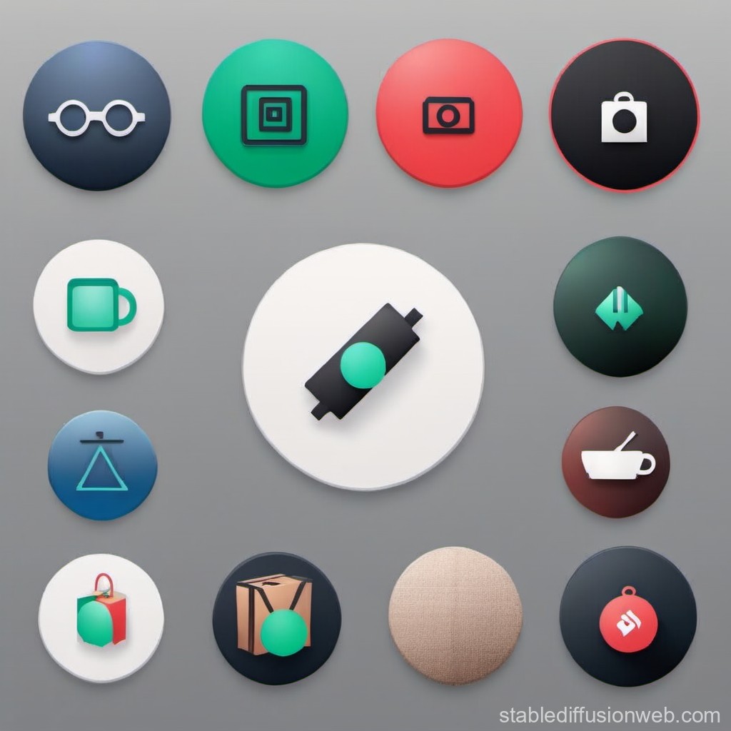 Minimalist 3D Render of Various Circular Icons on Gray Background