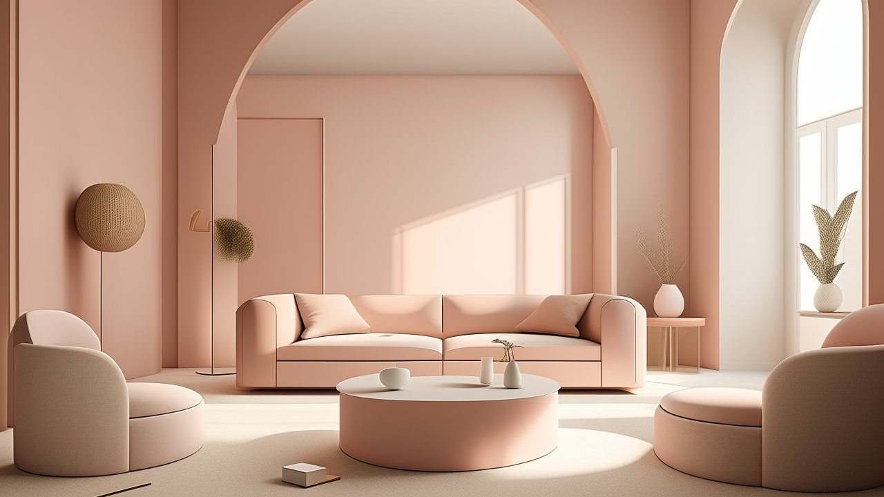 Minimalist 3D Rendered Living Room with Soft Peach Tones