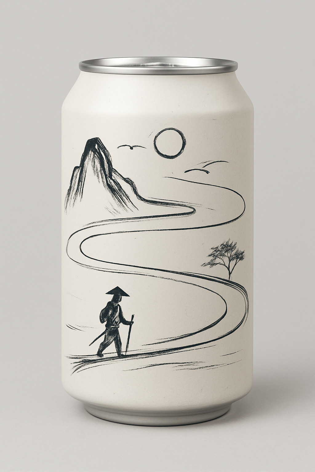 Minimalist Asian Landscape Illustration on Beverage Can