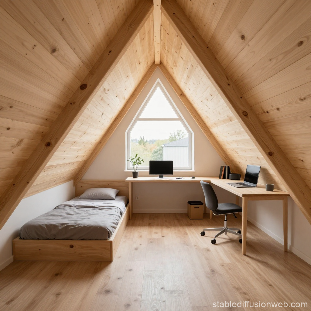 Minimalist Attic Room with Wooden Interior and Workspace