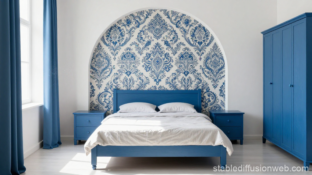 Minimalist Bedroom with Blue Embroidered Wall Accent