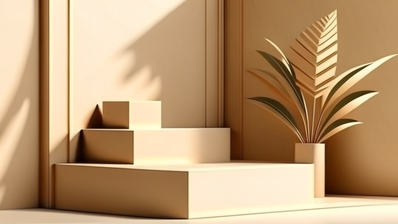 Minimalist Beige Step Display with Decorative Plant