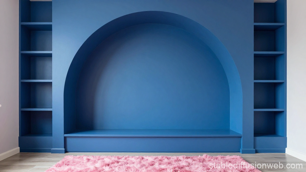 Minimalist Blue Arch Niche with Shelves and Pink Rug