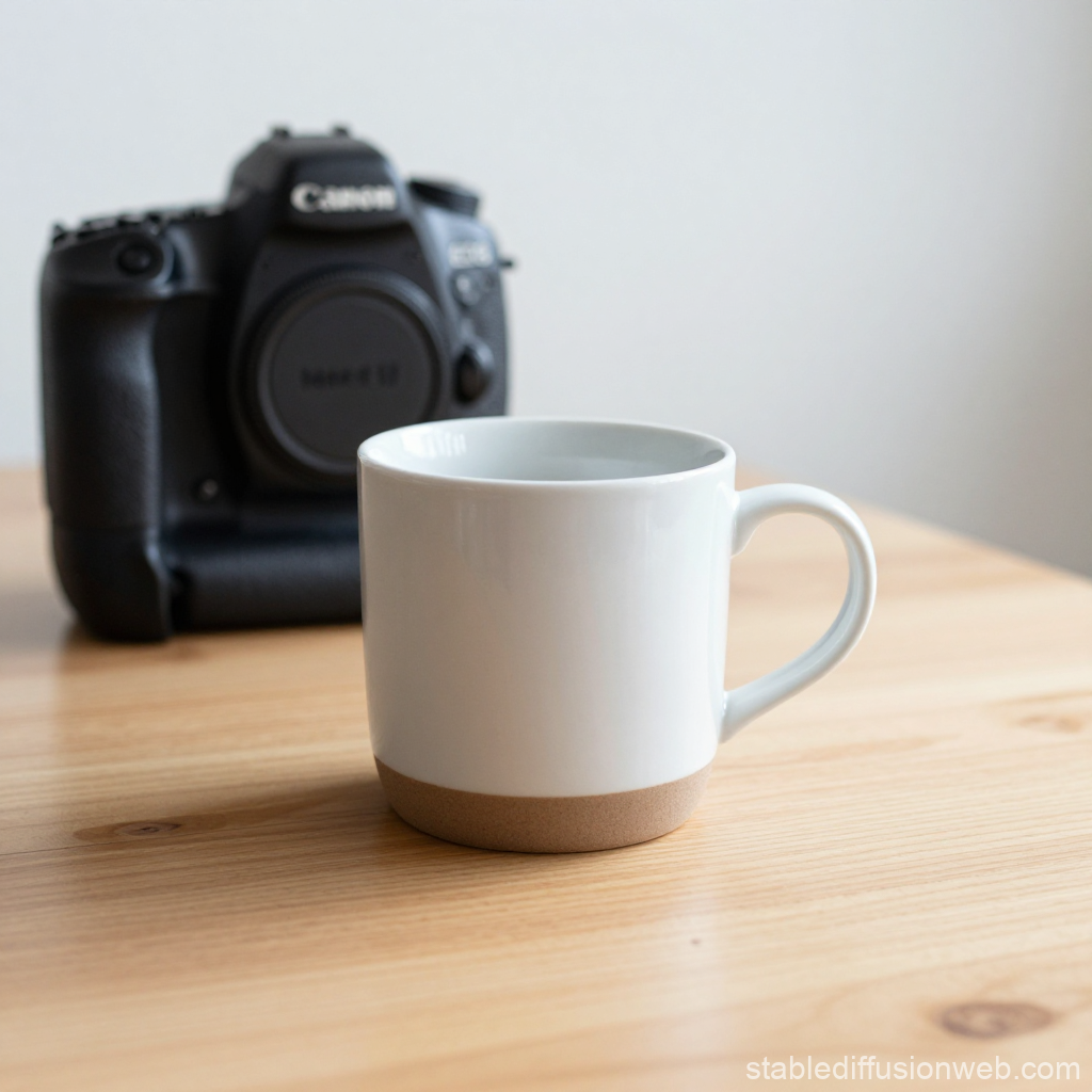 Minimalist Ceramic Mug on Wooden Table with Camera