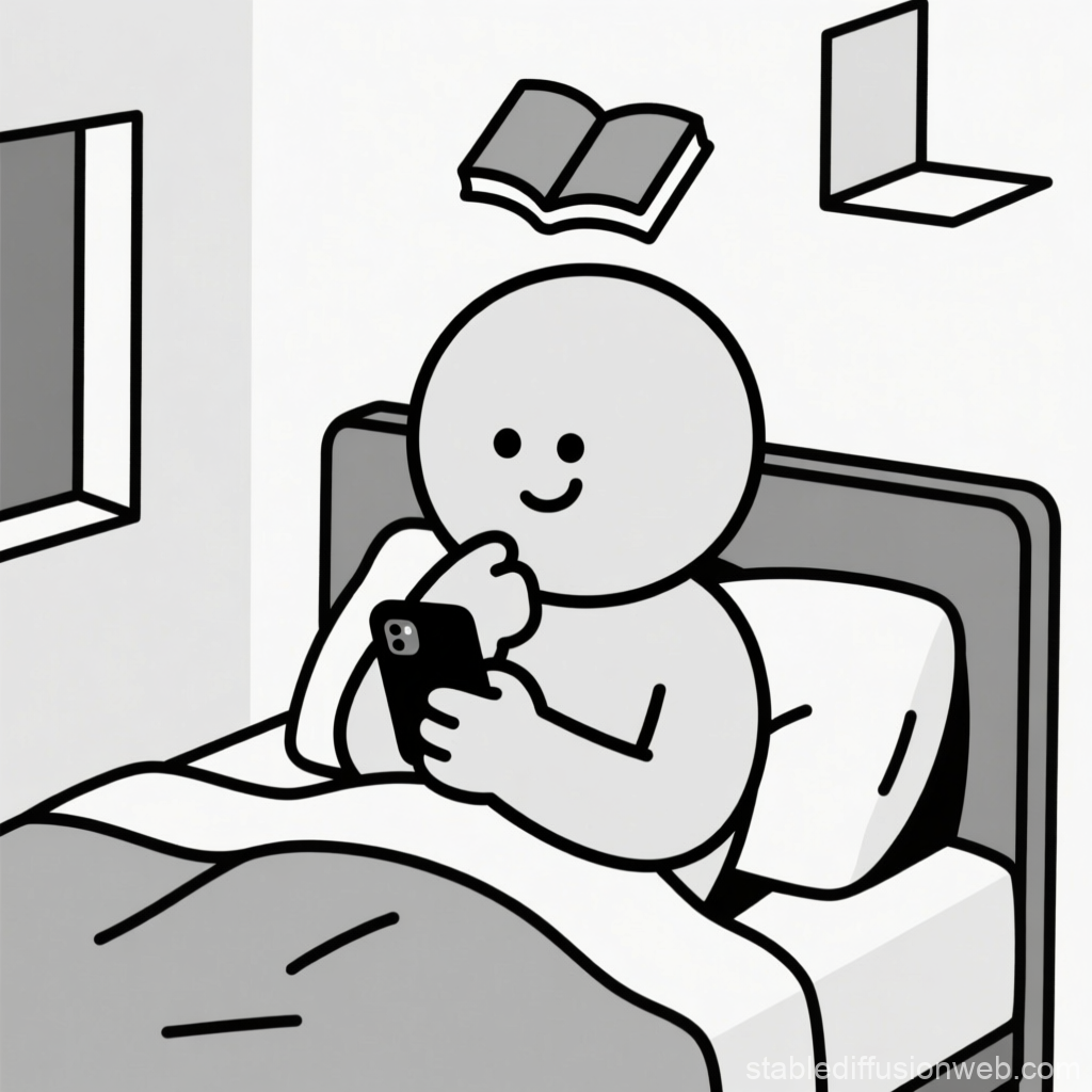 Minimalist Character Thinking While Using Phone in Bed