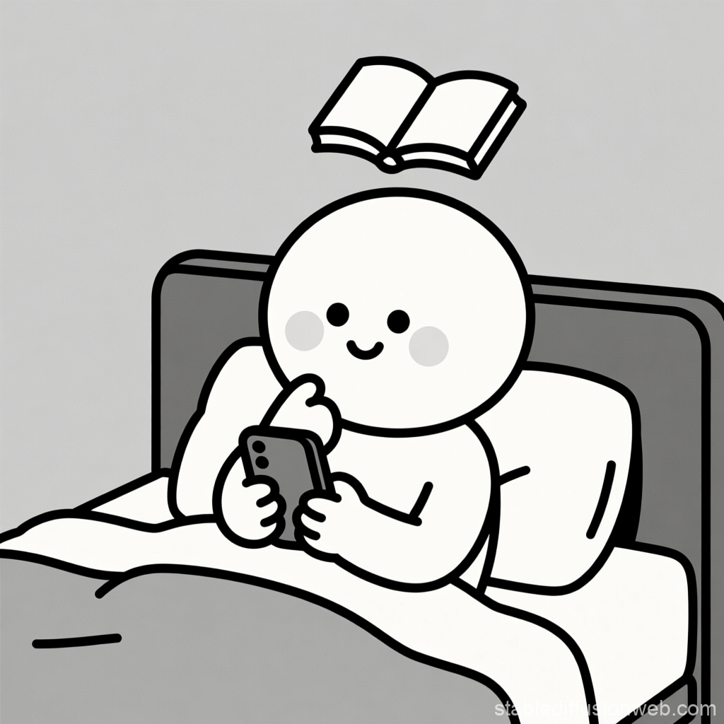 Minimalist Character Using Phone in Bed with Floating Book