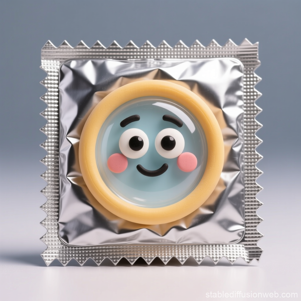 Minimalist Condom Mascot with Smiling Face in Silver Wrapper