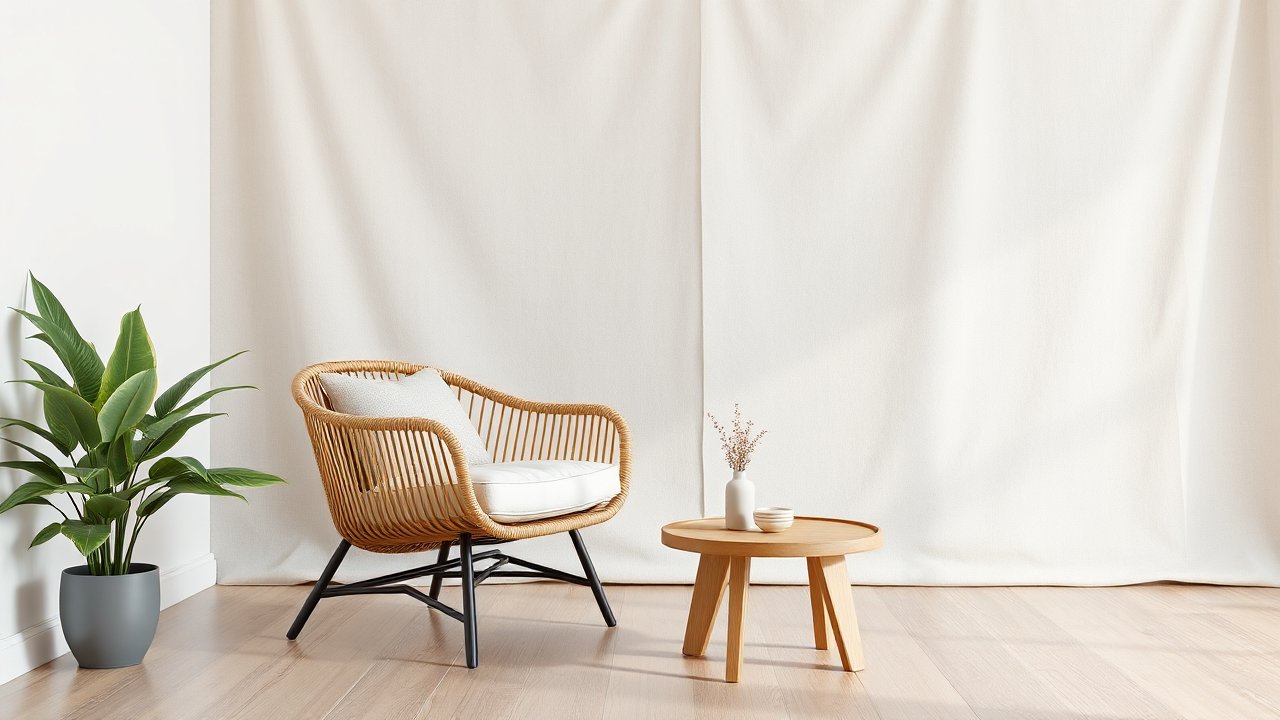 Minimalist Cozy Corner with Rattan Chair and Wooden Table