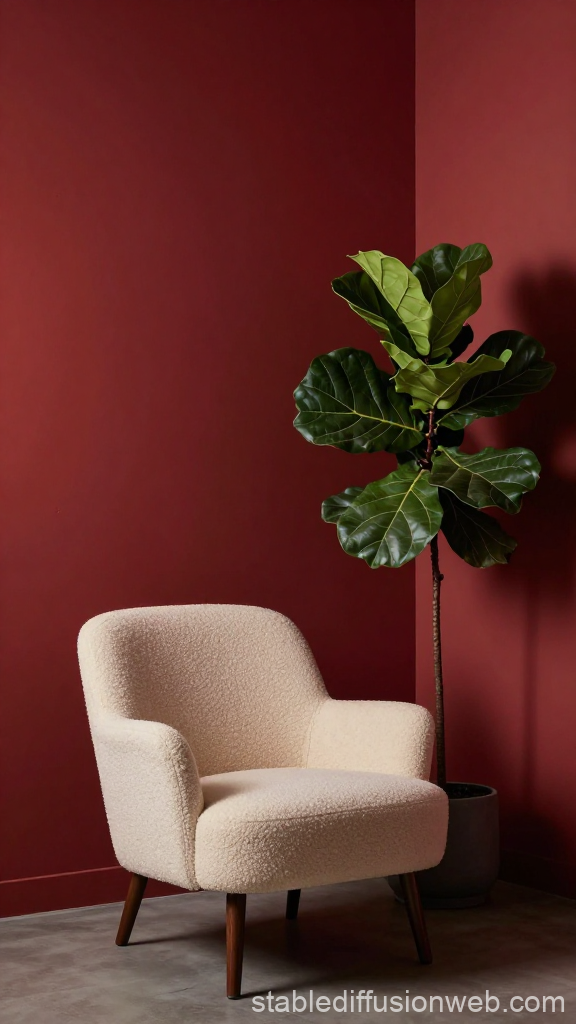 Minimalist Cream Armchair with Green Plant Against Crimson Wall