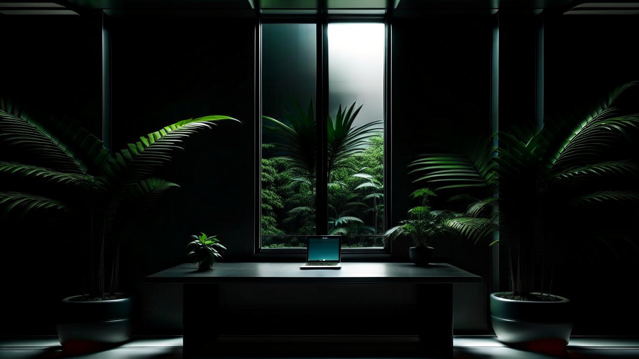Minimalist Dark Office with Green Plants and Laptop