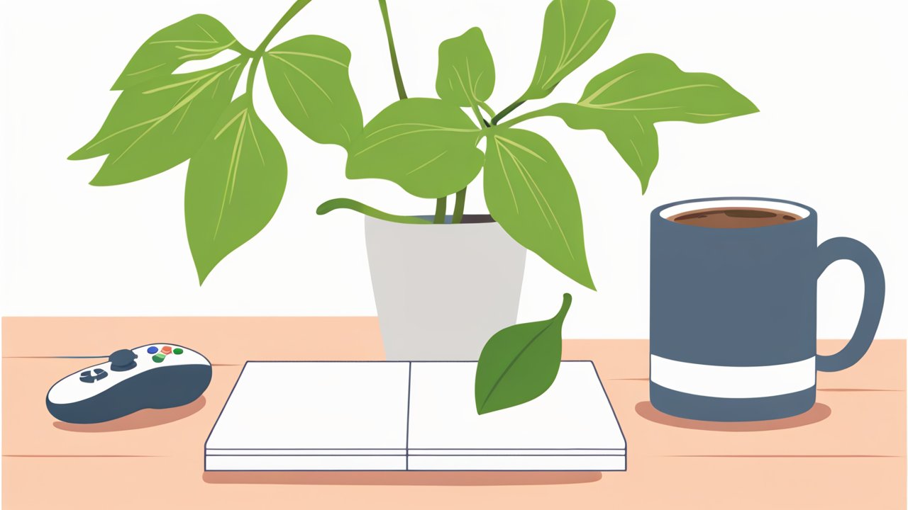 Minimalist Desk Setup with Plant, Game Controller, and Coffee Mug