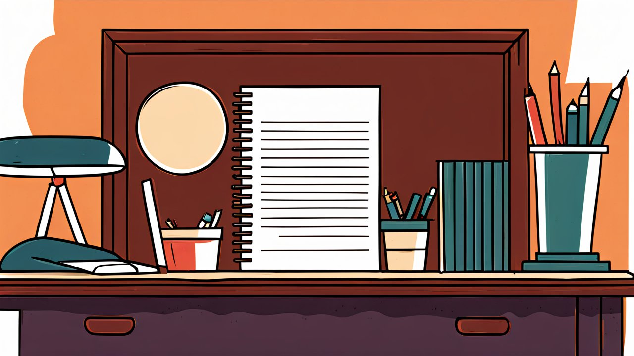 Minimalist Desk Setup with Stationery in 2D Animation Style