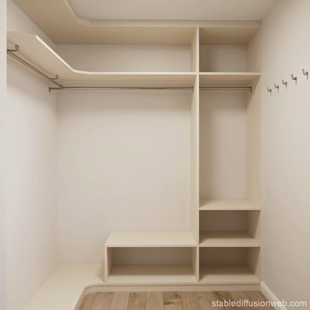 Minimalist Dressing Room Interior with Open Shelving