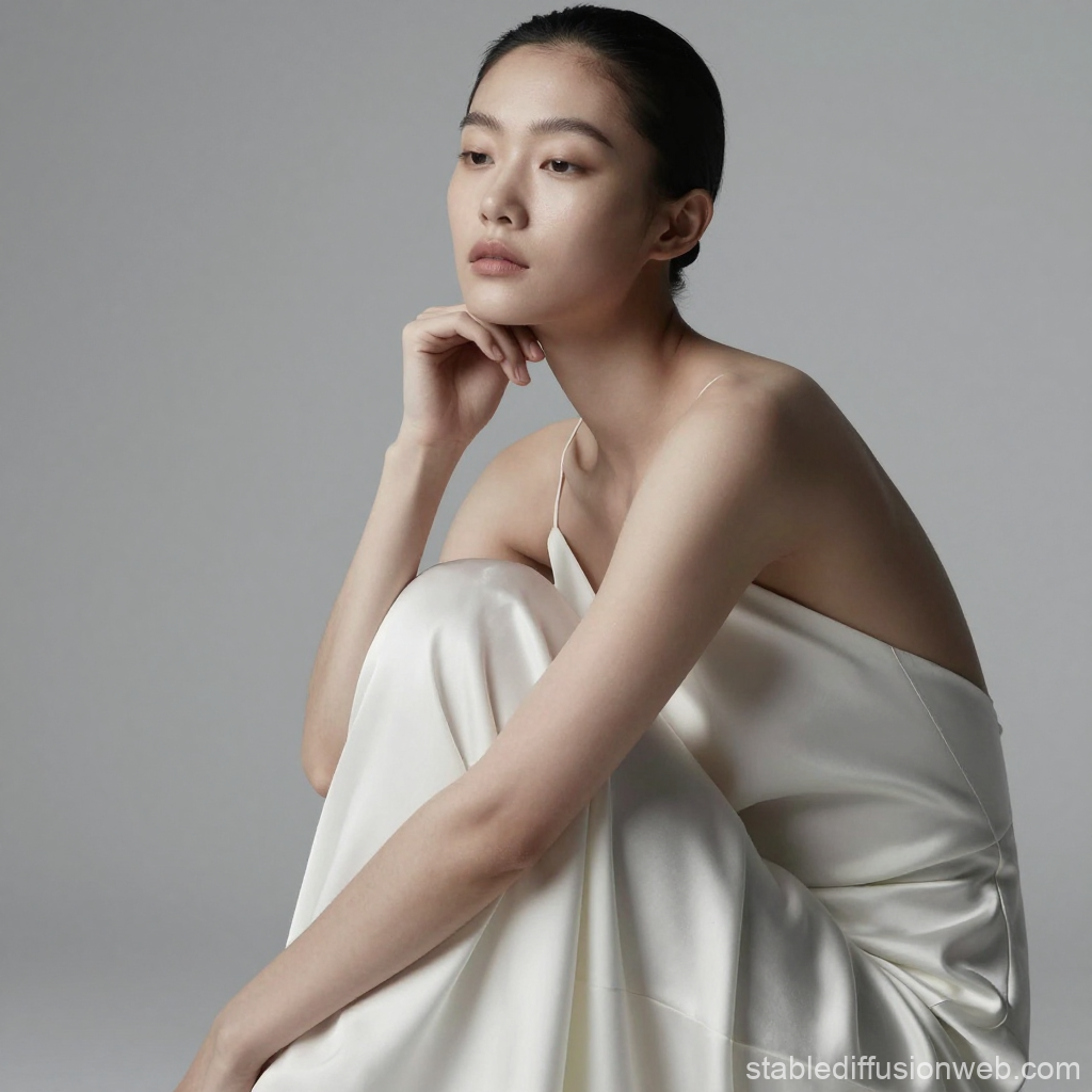 Minimalist Fashion Portrait of Woman in White Satin Dress