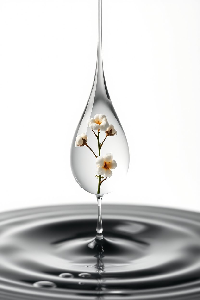 Minimalist Hyperrealistic Water Drop with Cotton Flowers