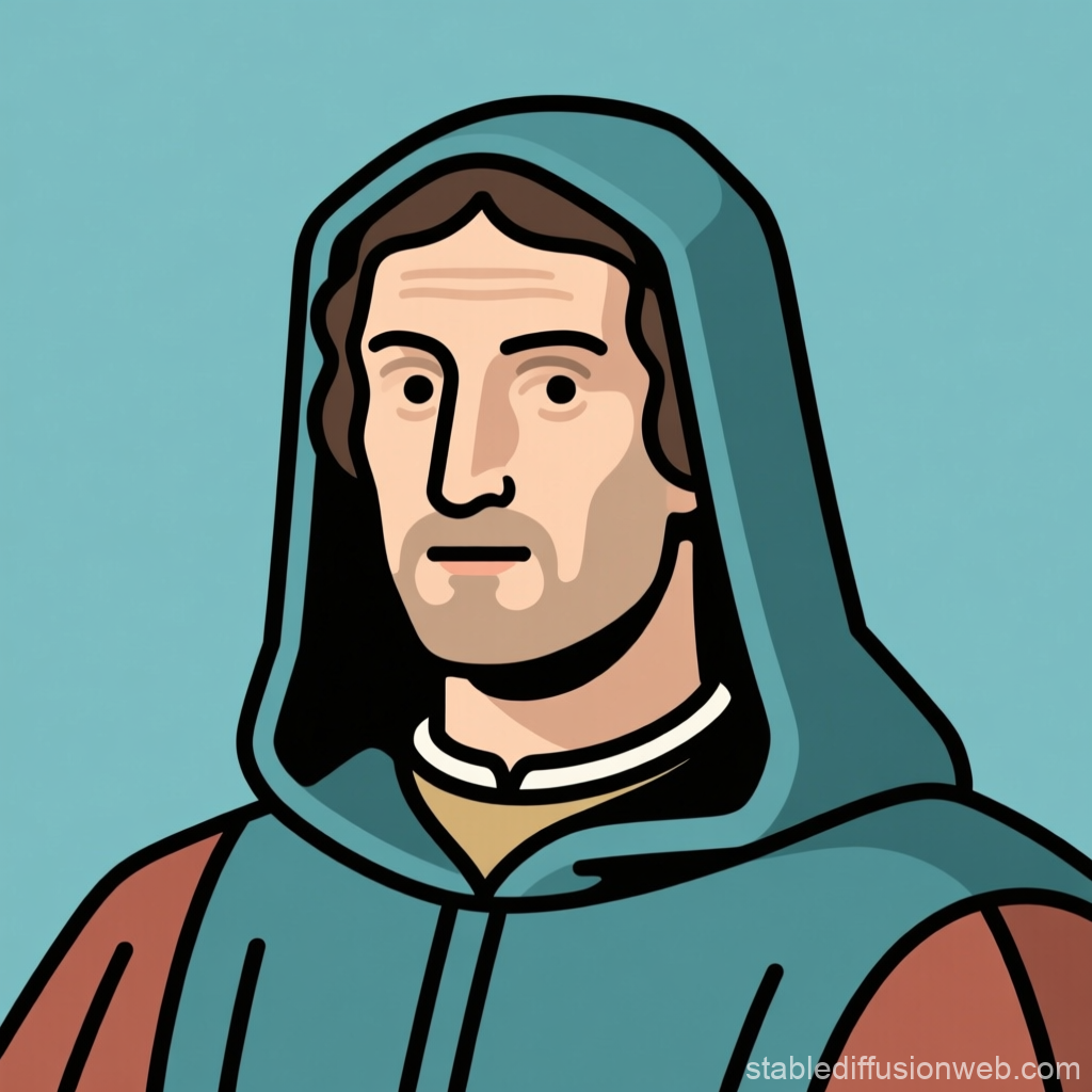 Minimalist Illustration of a Medieval Man in Hooded Cloak