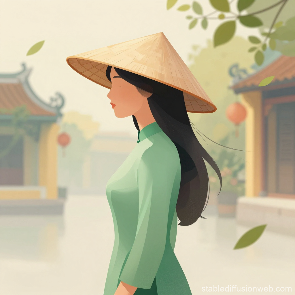 Minimalist Illustration of Vietnamese Woman in Traditional Ao Dai and Non La