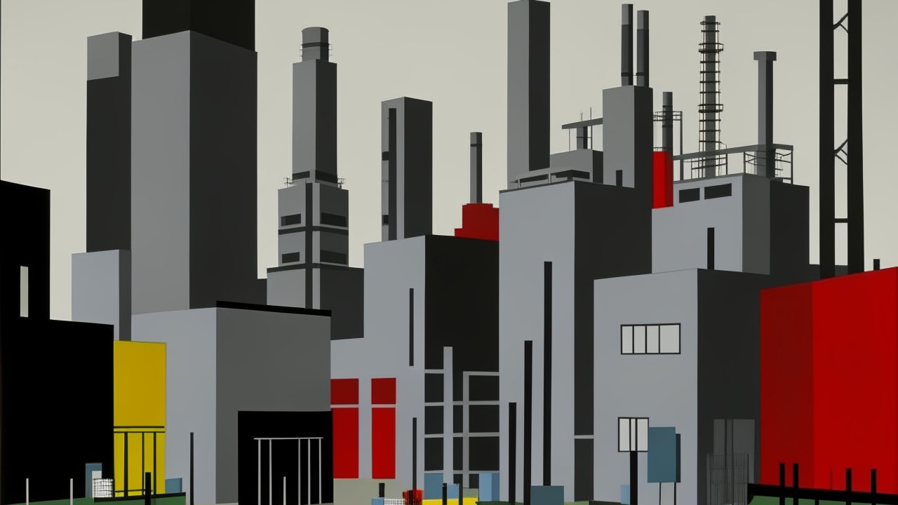 Minimalist Industrial Cityscape with Bold Color Blocks