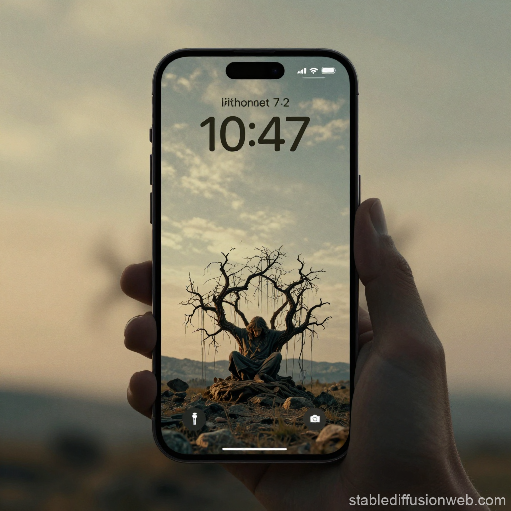 Minimalist iPhone 17 Display with Sisyphus and Tree Art