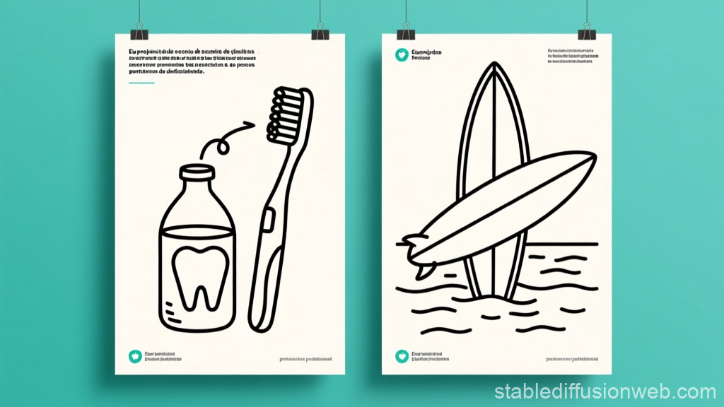 Minimalist Line Art Posters Featuring Toothbrush and Surfboards