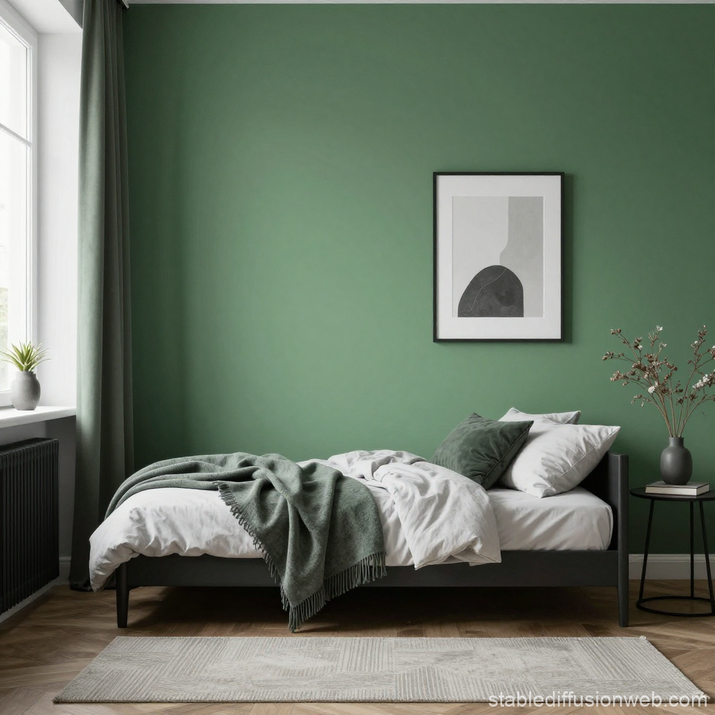Minimalist Loft Style Bedroom with Green Accent Wall