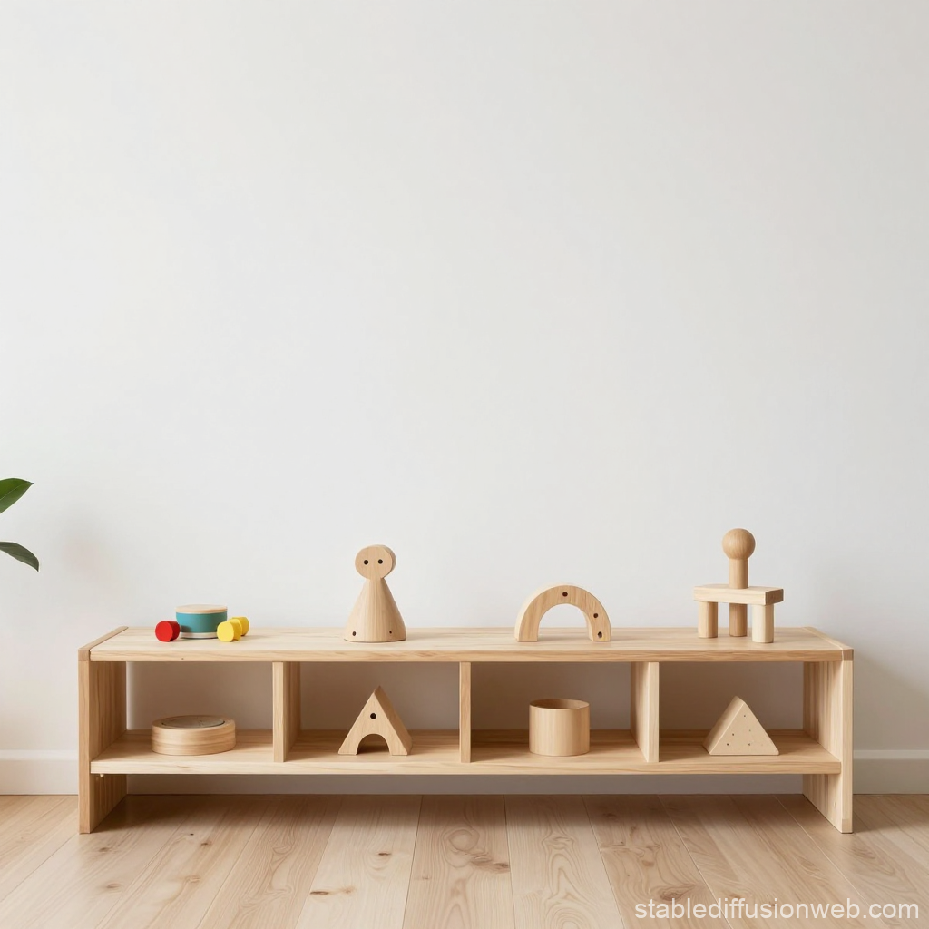 Minimalist Low Wooden Shelf with Geometric Wooden Toys