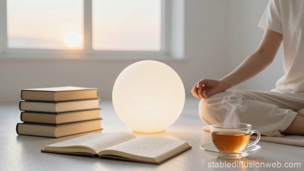 Minimalist Meditation Scene with Books and Tea in Soft Light
